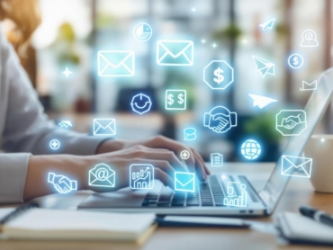 A professional working on a laptop in a well-lit office, surrounded by floating digital icons representing emails, finance, networking, and communication. The digital overlay highlights the integration of collaboration tools for seamless teamwork and productivity in a modern, connected work environment.
