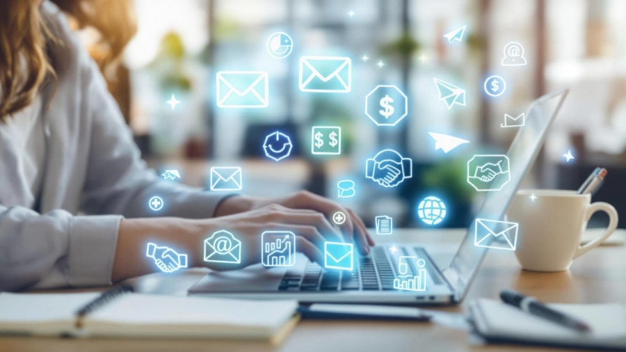 A professional working on a laptop in a well-lit office, surrounded by floating digital icons representing emails, finance, networking, and communication. The digital overlay highlights the integration of collaboration tools for seamless teamwork and productivity in a modern, connected work environment.