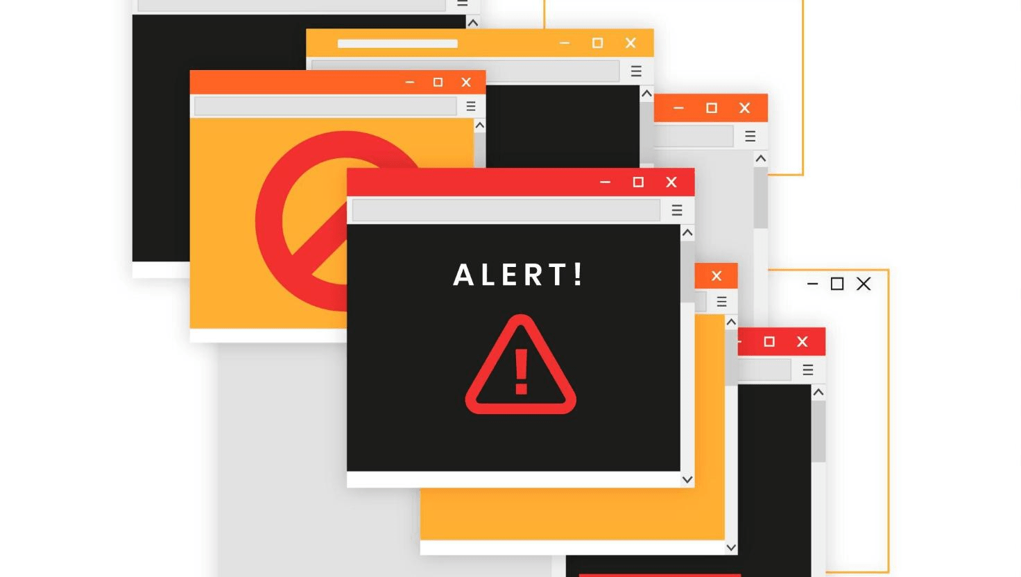 A digital illustration of multiple overlapping pop-up windows with red and yellow warning signs and an "Alert!" message. The chaotic arrangement symbolizes challenges in Unified Communications, where seamless communication is crucial to avoid disruptions in business productivity.
