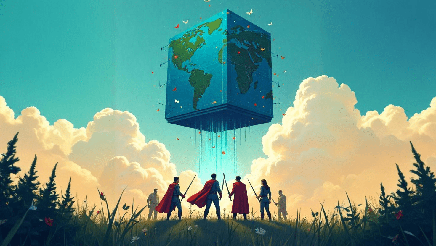 A fantasy-inspired illustration of warriors standing on a grassy hill, gazing at a floating cube with a digital world map. The image symbolizes Team Collaboration, where individuals come together with a unified vision to improve global connectivity and seamless communication.