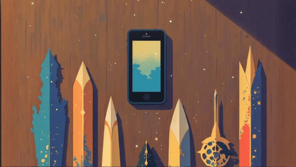 A creative artwork depicting a smartphone placed on a wooden surface, surrounded by abstract, futuristic pencil-like structures. The image represents Team Collaboration, where technology and creativity merge to enhance seamless communication in a digital workspace.