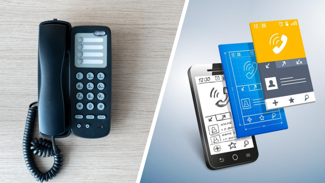 A side-by-side comparison of a traditional landline telephone and a modern smartphone interface illustrating digital communication. The right side features conceptual designs of a calling app, symbolizing the transition to soft phone systems like Vaspian One Soft Phone, which offer scalable telecom solutions for enhanced business connectivity.