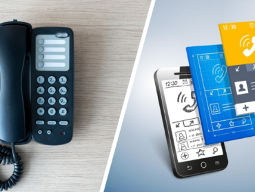 A side-by-side comparison of a traditional landline telephone and a modern smartphone interface illustrating digital communication. The right side features conceptual designs of a calling app, symbolizing the transition to soft phone systems like Vaspian One Soft Phone, which offer scalable telecom solutions for enhanced business connectivity.