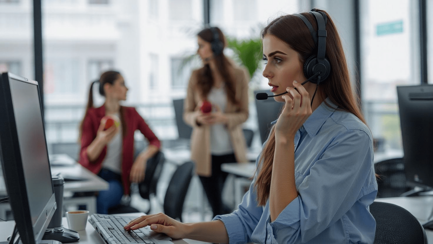 A woman in a blue shirt wearing a headset, focused on her computer while assisting a customer in a modern office. Two colleagues in the background engage in conversation, emphasizing Unified Communications and how seamless communication tools enhance business productivity.
