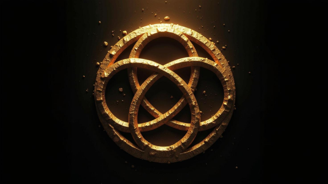 A glowing golden emblem featuring an intricate interwoven circular pattern, set against a dark background. The symbol appears textured, with rough edges and scattered golden dust surrounding it, evoking a sense of strength and connectivity. This visually represents Unified Communications, where seamless integration and collaboration create a cohesive and interconnected system. The glowing gold highlights the value and efficiency of streamlined communication in modern business environments.